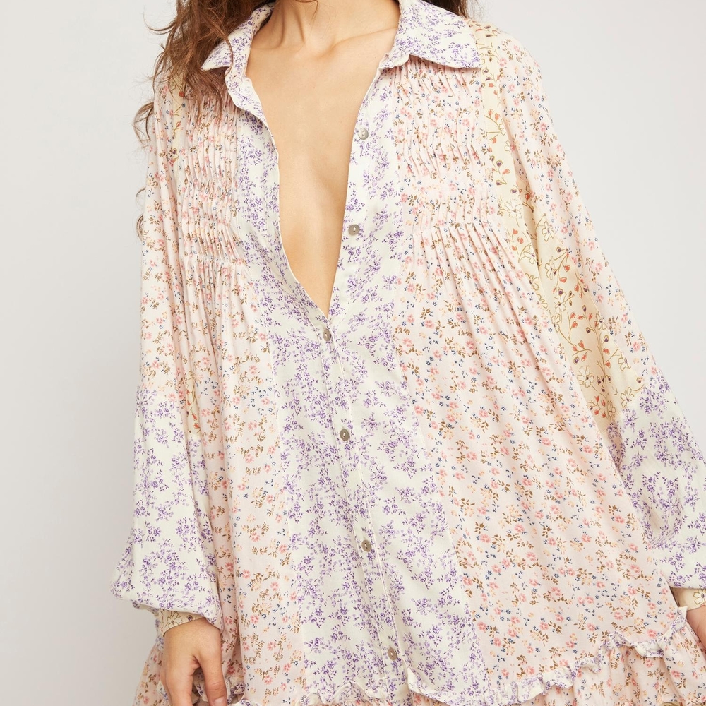 Free People Floral Mini Dress - Cream and Purple